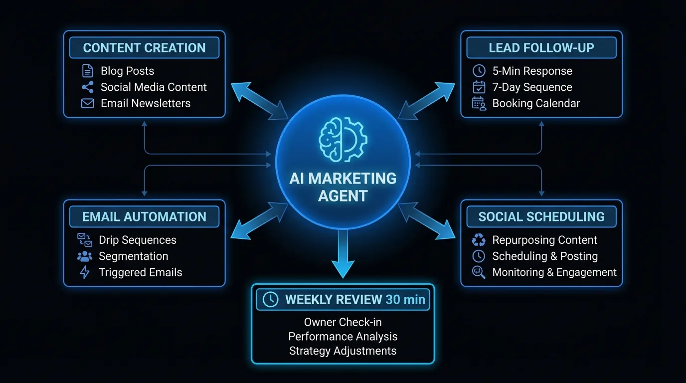 AI marketing agent workflow: four modules (content creation, lead follow-up, email automation, social scheduling) connected to a central AI agent, which feeds into a 30-minute owner weekly review