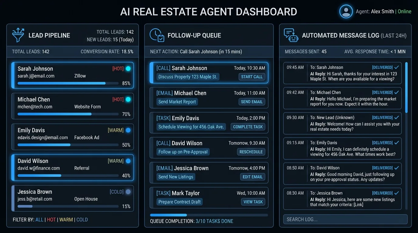 AI agent dashboard mockup for a real estate agent showing lead pipeline status, follow-up queue with timestamps, and automated message log