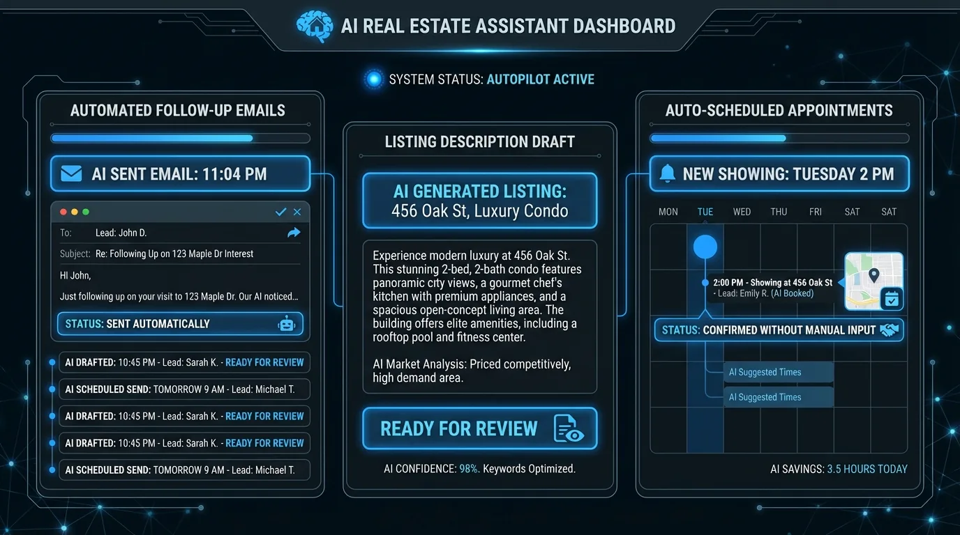 Real estate agent's AI dashboard showing automated follow-up emails in progress, a listing description draft, and an appointment scheduled without manual input