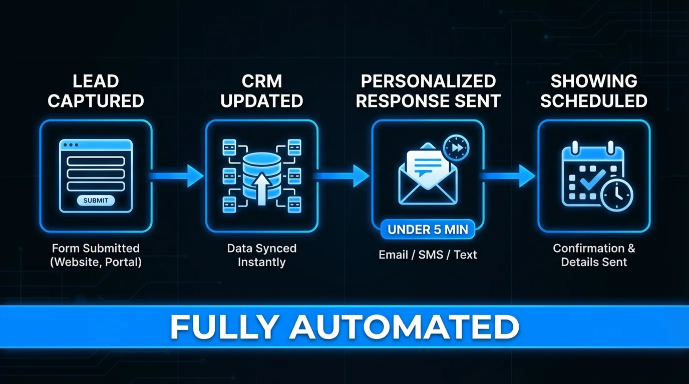 Automated real estate follow-up workflow diagram: lead capture triggers CRM update, then personalized response within 5 minutes, then scheduled showing confirmation