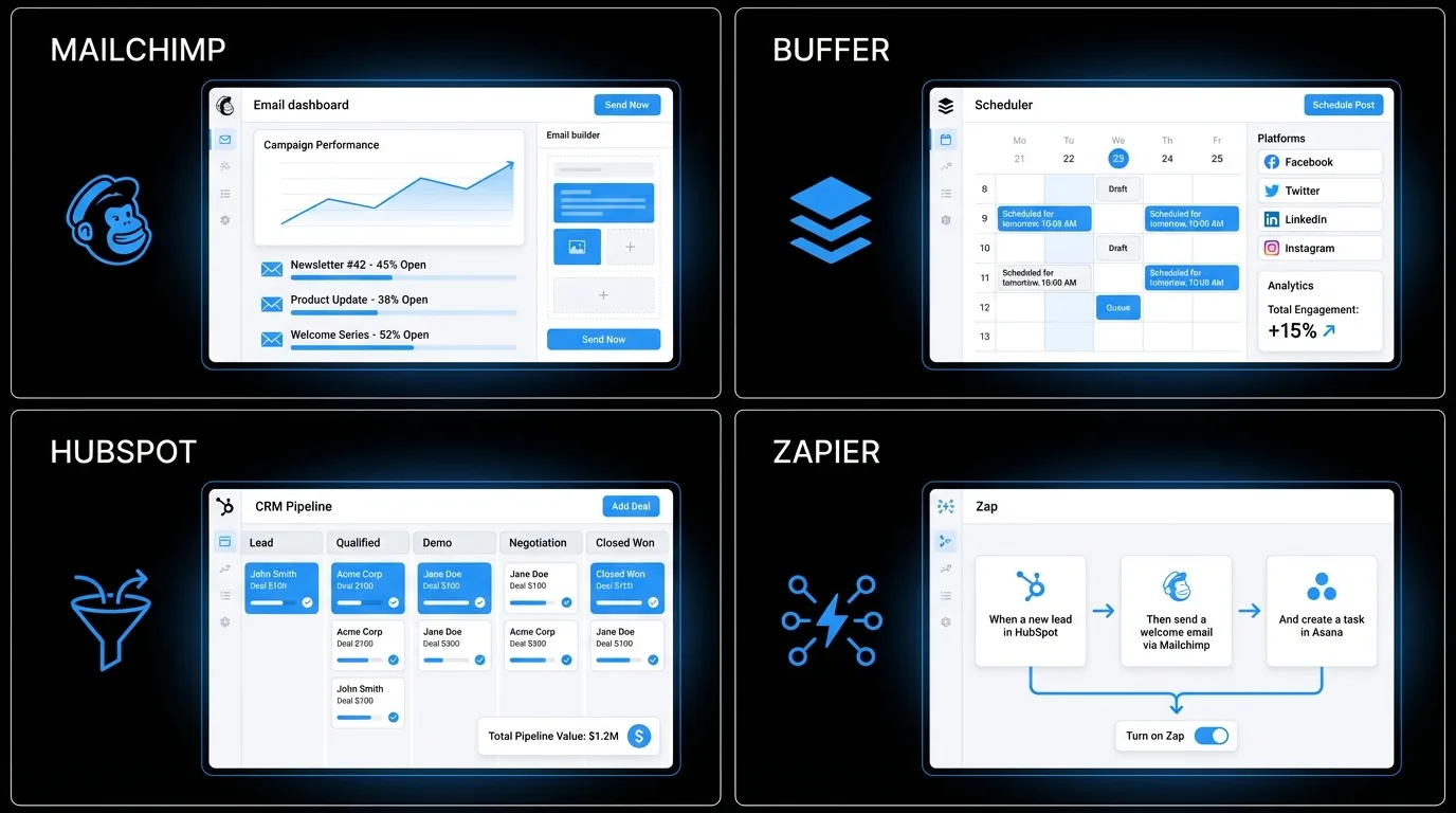 Four marketing automation tools for small business in a 2x2 grid: Mailchimp email dashboard, Buffer social scheduler, HubSpot CRM pipeline, and Zapier workflow builder