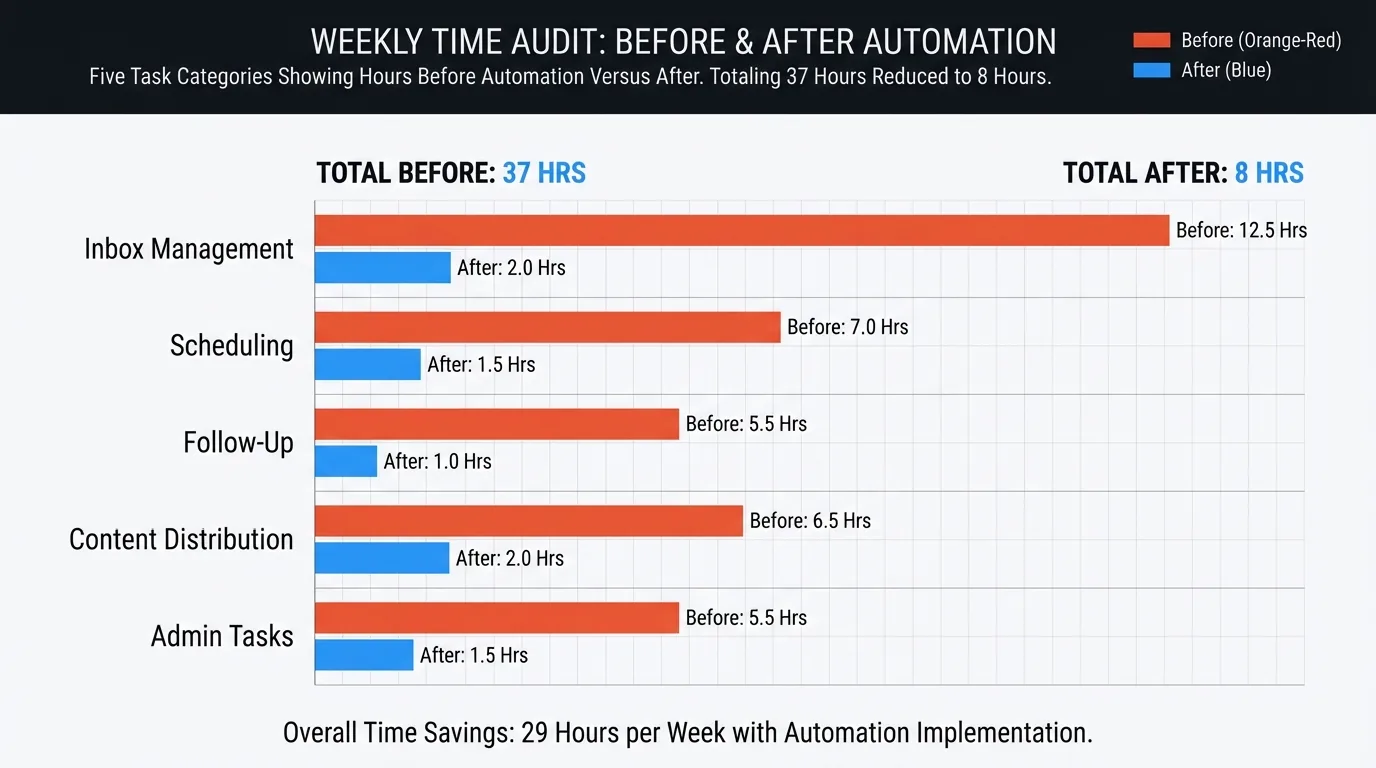 Weekly time audit before and after: five task categories (inbox, scheduling, follow-up, content, admin) showing hours before automation versus after, totaling 37 hours reduced to 8 hours