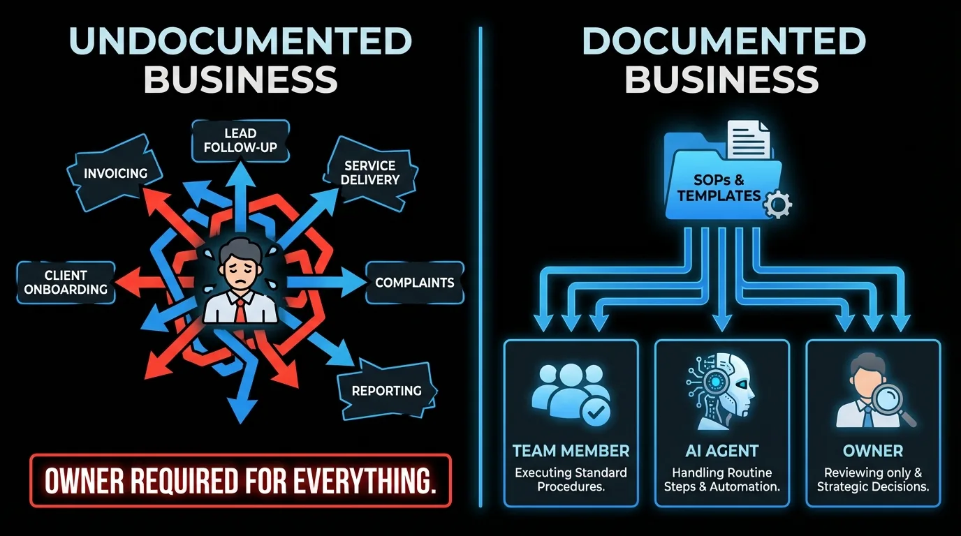 Side-by-side comparison: undocumented business with owner as single point of failure for all processes, versus documented business with SOPs, templates, and an AI agent handling routine steps