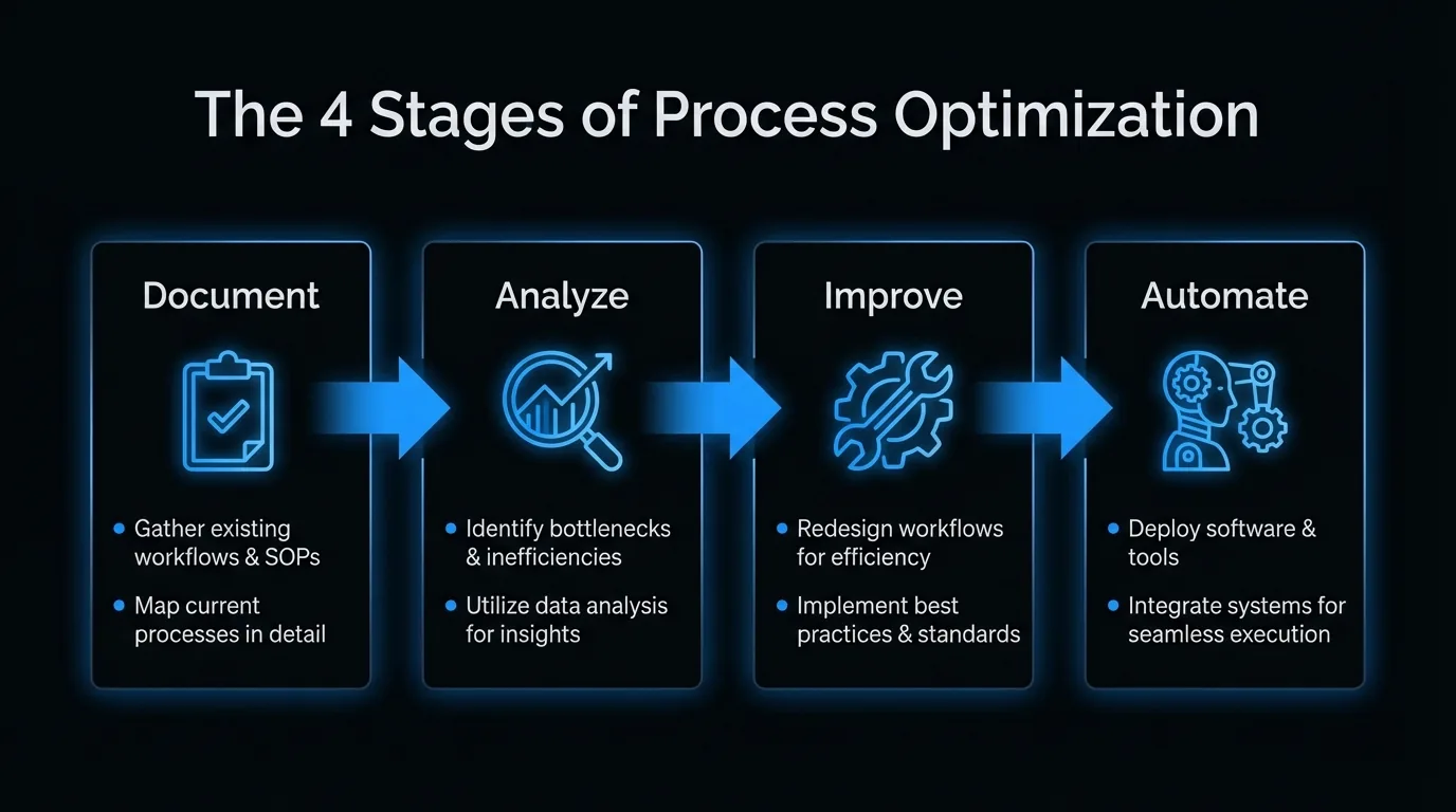 Four-stage business process optimization flowchart: Document, Analyze, Improve, Automate