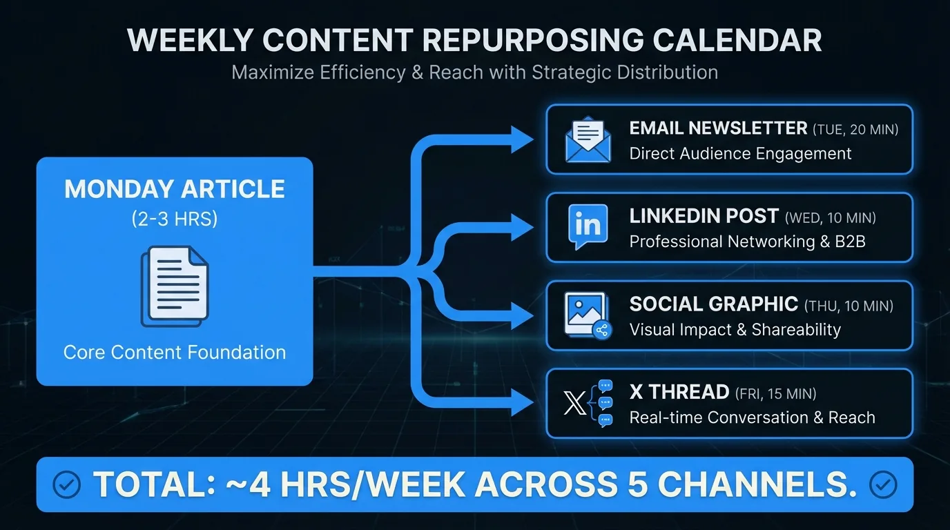 Weekly content calendar showing one Monday article input branching into five outputs: email newsletter Tuesday, LinkedIn post Wednesday, social graphic Thursday, X thread Friday, total 4 hours per week