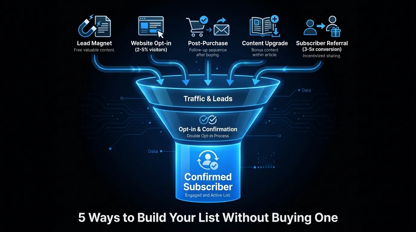 Email list building funnel with five entry points: lead magnets, website opt-in forms, post-purchase sequences, content upgrades, and subscriber referrals, all feeding into confirmed subscribers