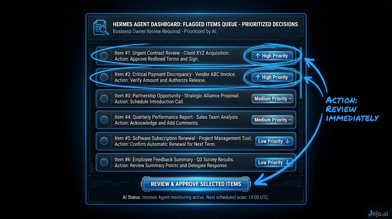 Hermes Agent dashboard flagged items queue showing prioritized decisions for business owner review