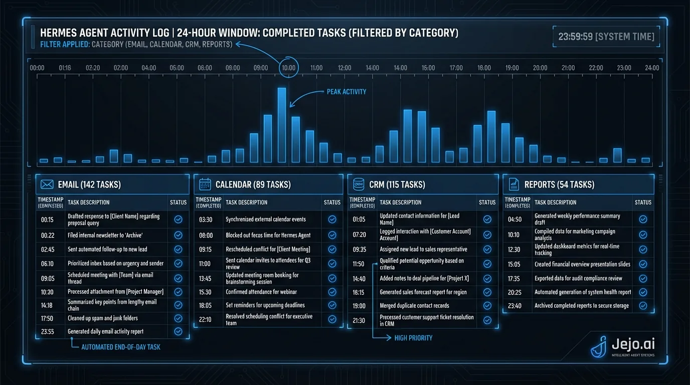 Hermes Agent activity log showing a 24-hour window of completed tasks filtered by category