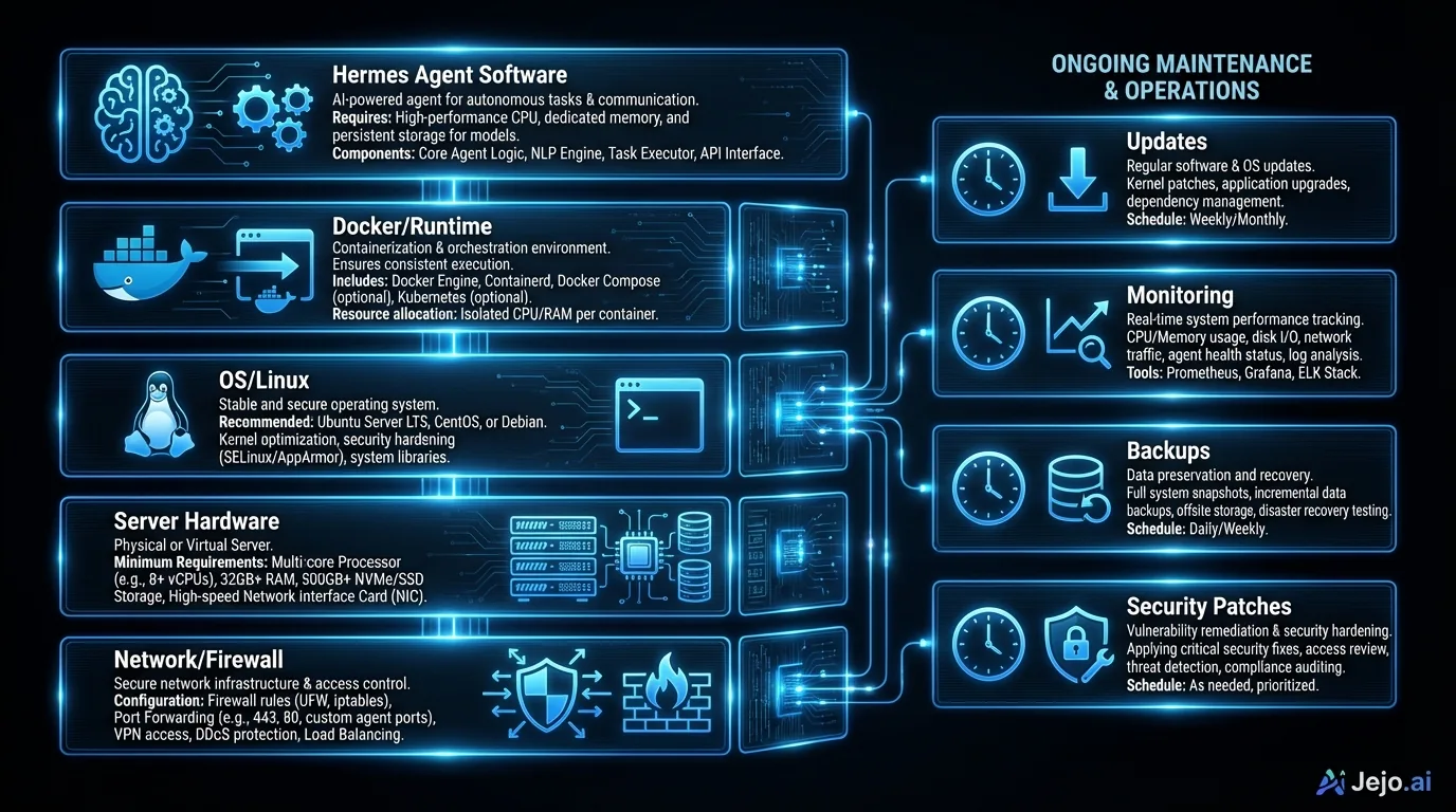 Hermes Agent self-hosted infrastructure stack showing server requirements and ongoing maintenance components