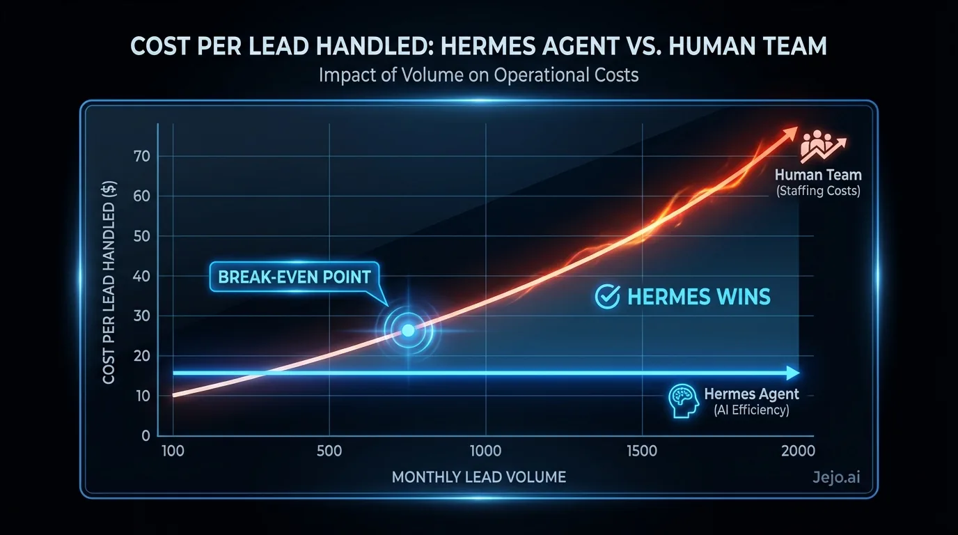 Hermes Agent cost per lead handled versus human team as volume increases