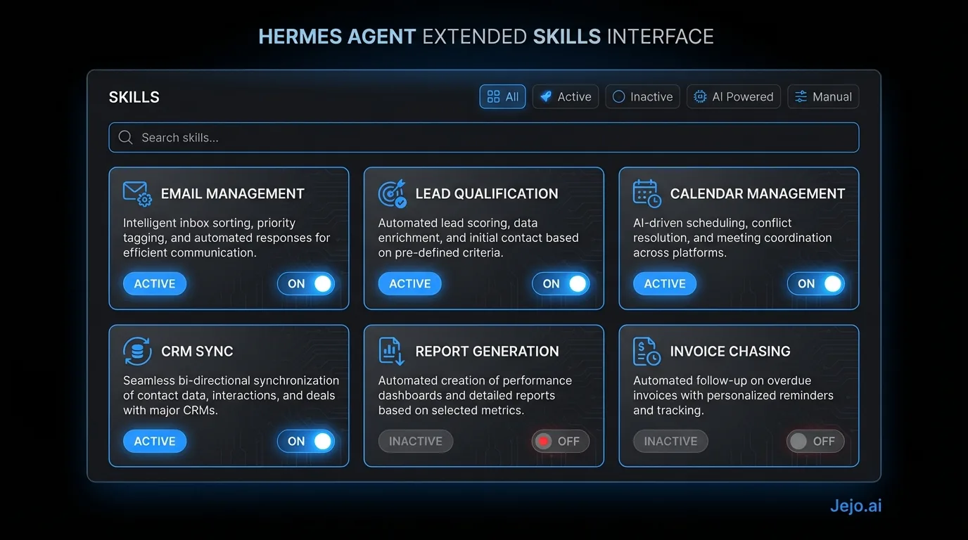 Hermes Agent extended skills interface showing available skill modules with configuration status and activation controls