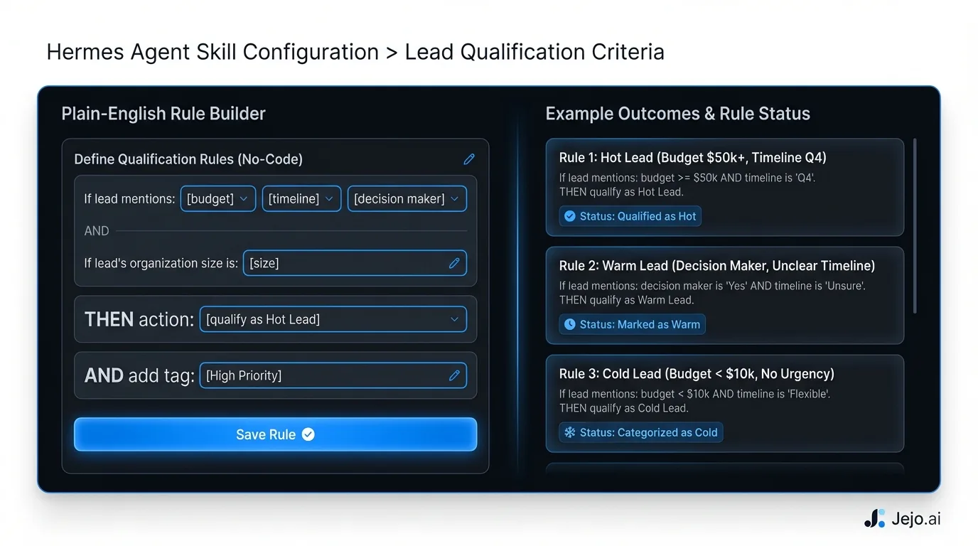 Hermes Agent skill configuration screen showing lead qualification criteria setup in plain-English business rules
