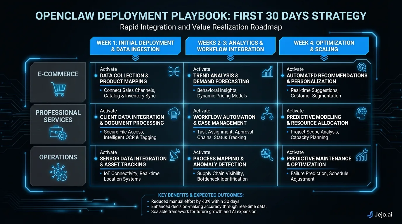 OpenClaw deployment playbook showing first 30 days by business type and skill activation sequence
