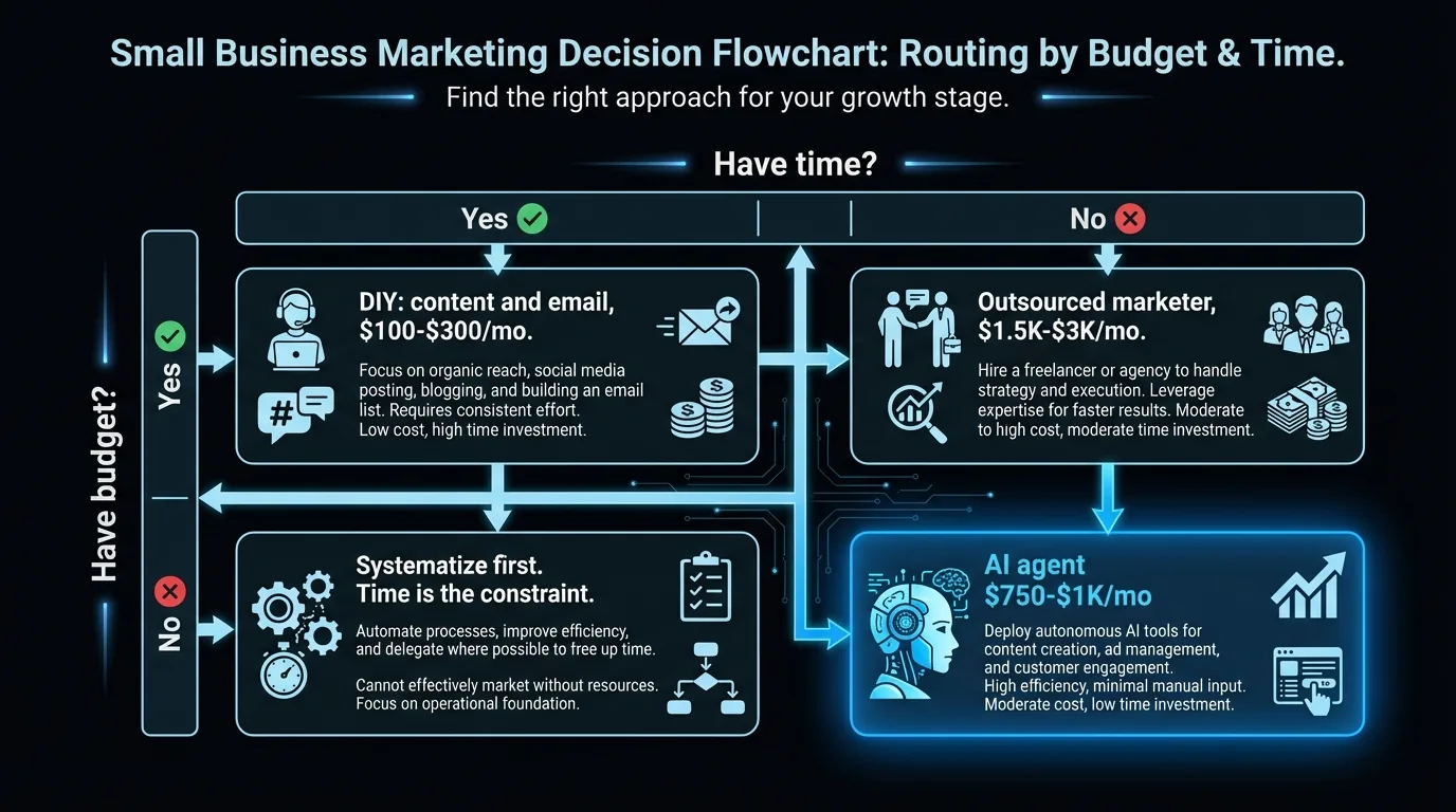 Decision flowchart routing small business owners to the right marketing approach by budget and time