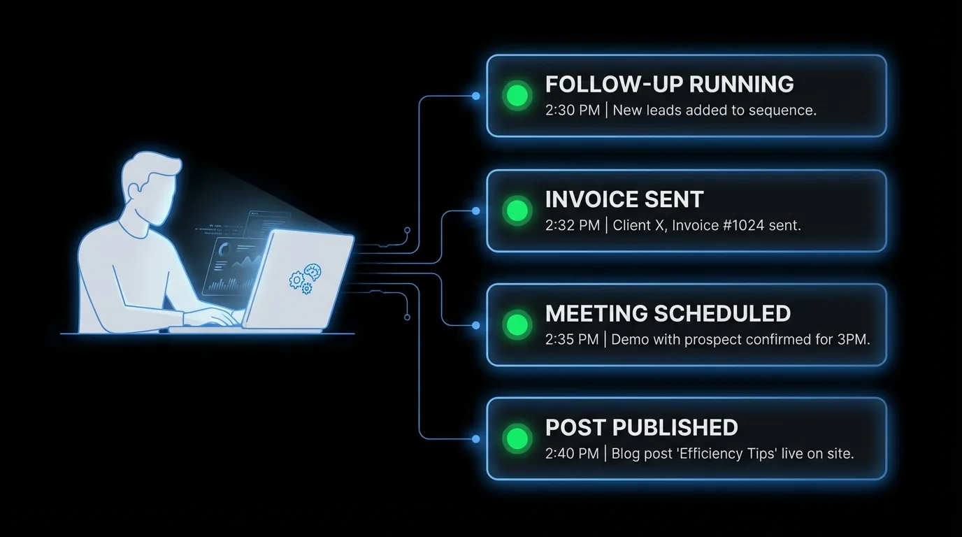 One-person business tool stack: inbox, CRM, follow-up, invoicing, and content publishing connected by a central AI agent coordination layer