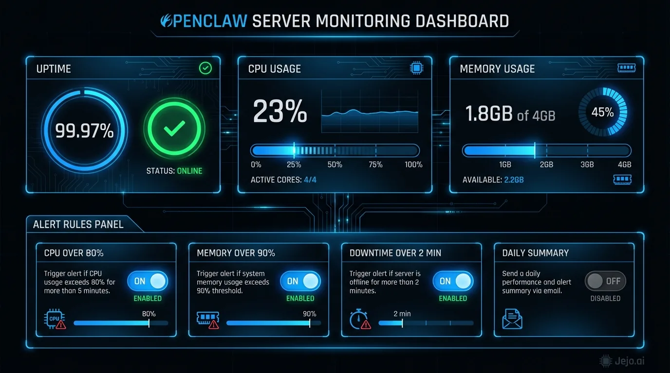 OpenClaw server monitoring dashboard showing uptime, resource usage, and alert status