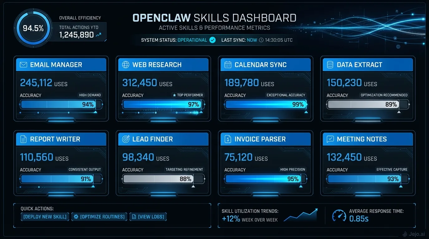 OpenClaw skills dashboard showing active skills and performance metrics