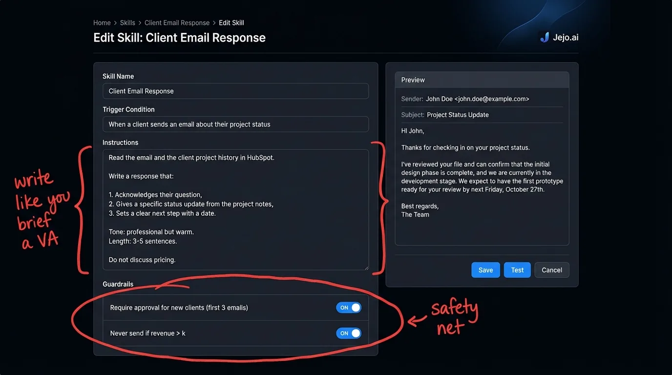 Paperclip AI skill configuration panel showing a communication skill being edited with plain language instructions