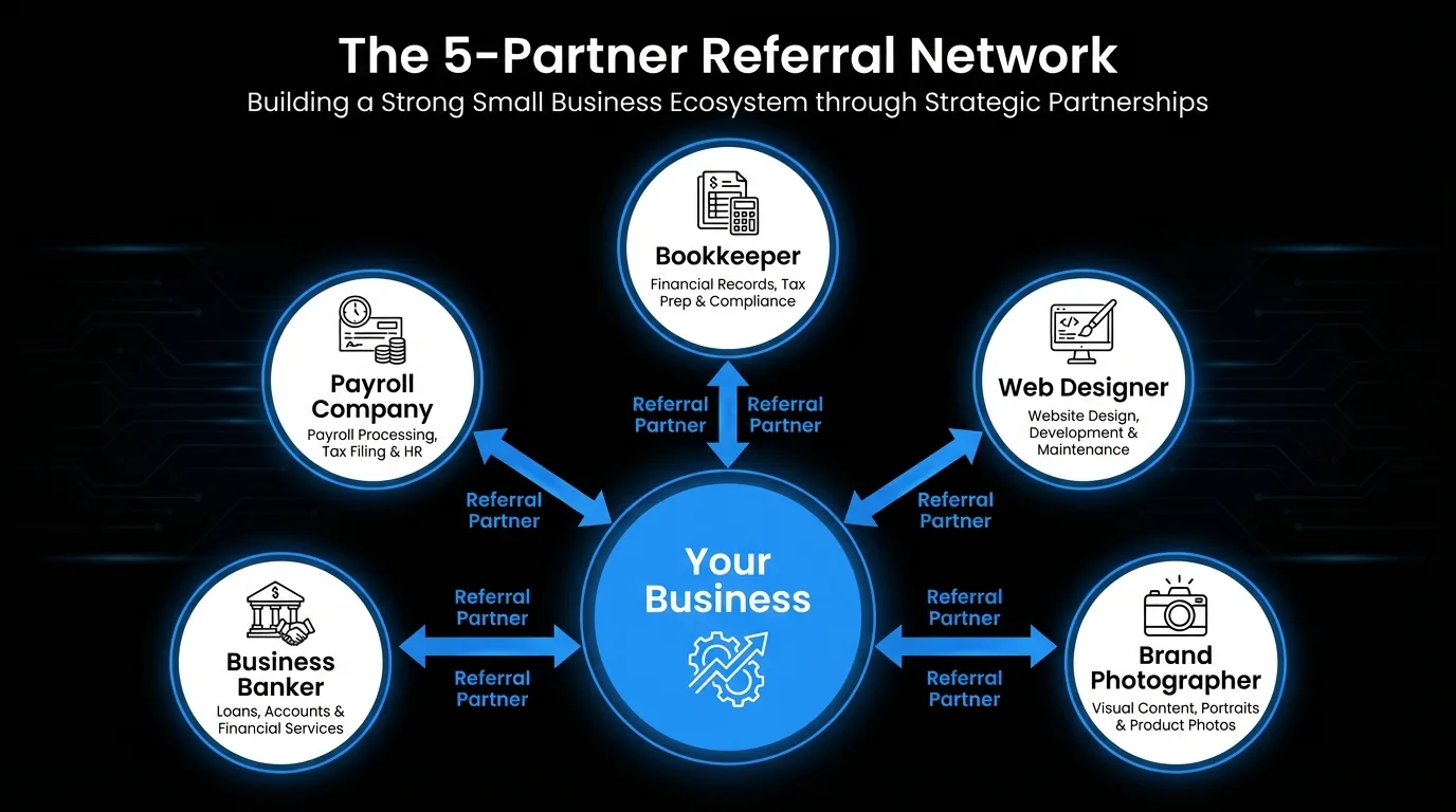 Hub-and-spoke referral partner network diagram for a small business