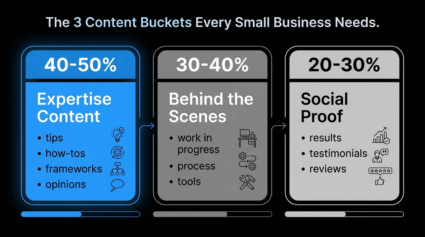 Three-bucket content diagram showing expertise at 40-50 percent, behind-the-scenes at 30-40 percent, and social proof at 20-30 percent of posts with examples under each