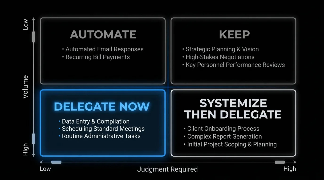 Delegation matrix with four quadrants on dark background: Delegate Now (high volume, low judgment), Systemize then Delegate (high volume, high judgment), Automate (low volume, low judgment), Keep (low volume, high judgment), blue accent on Delegate Now