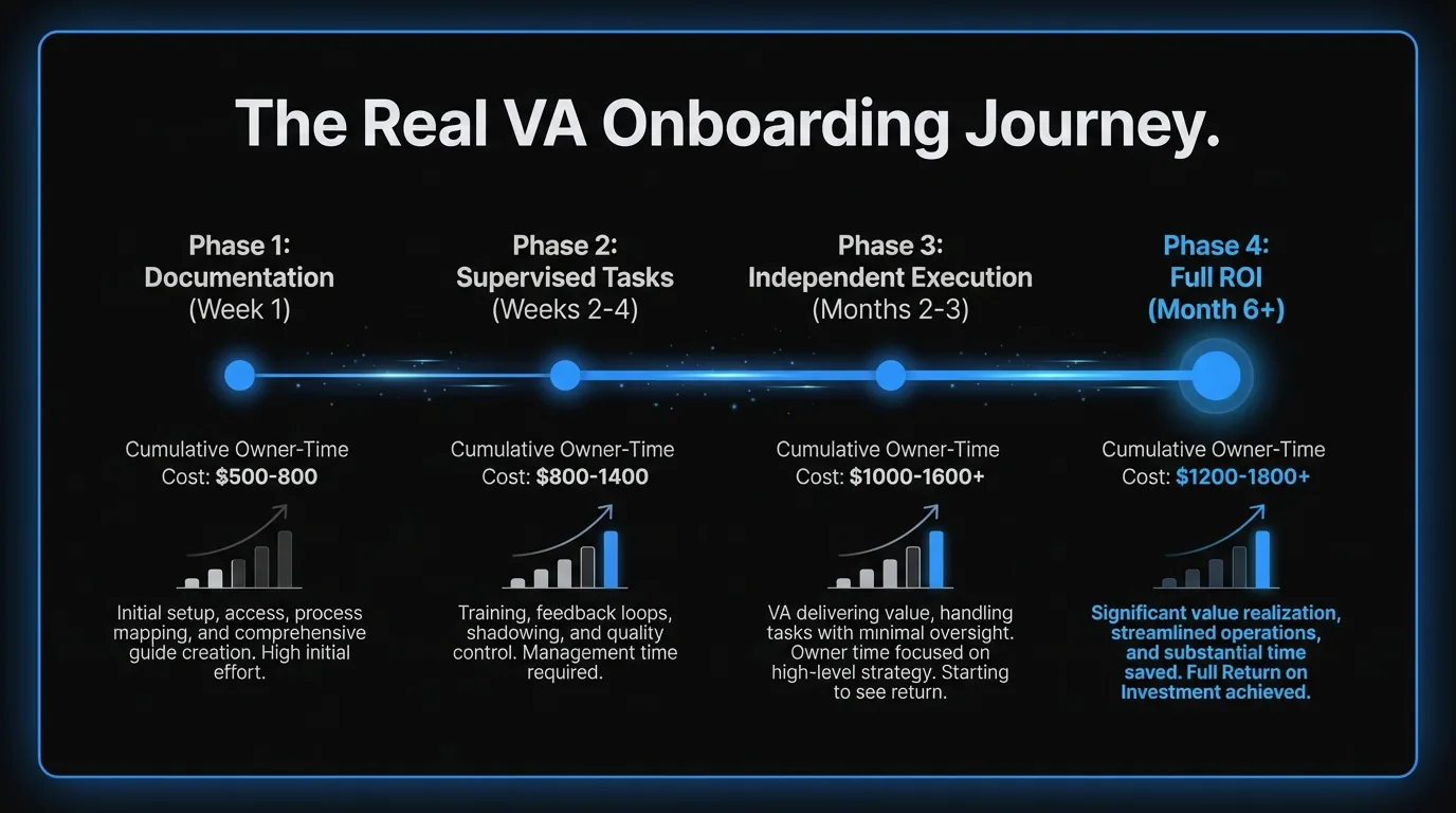 VA onboarding timeline from week 1 documentation through month 6 full ROI, with cumulative owner-time cost marked at each phase