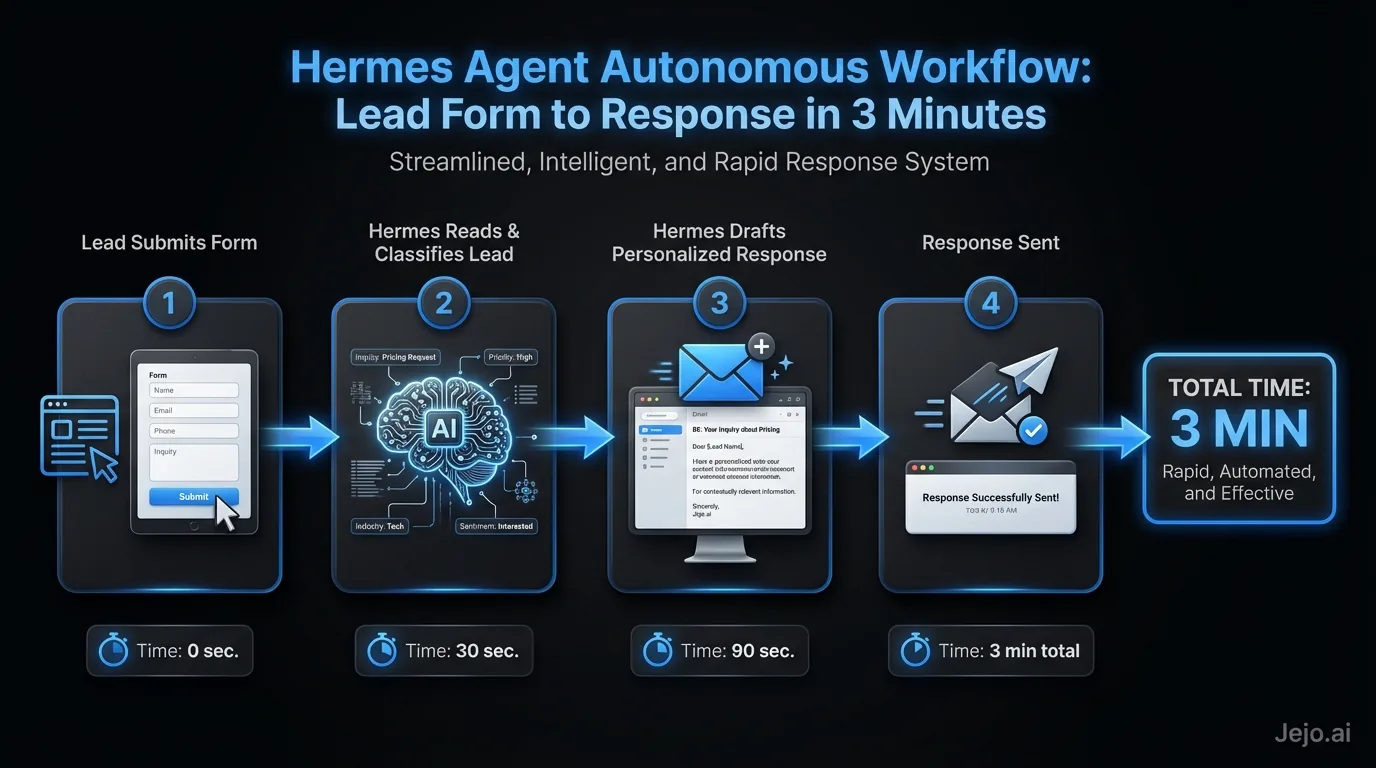 Hermes Agent autonomous workflow showing lead form to response in 3 minutes